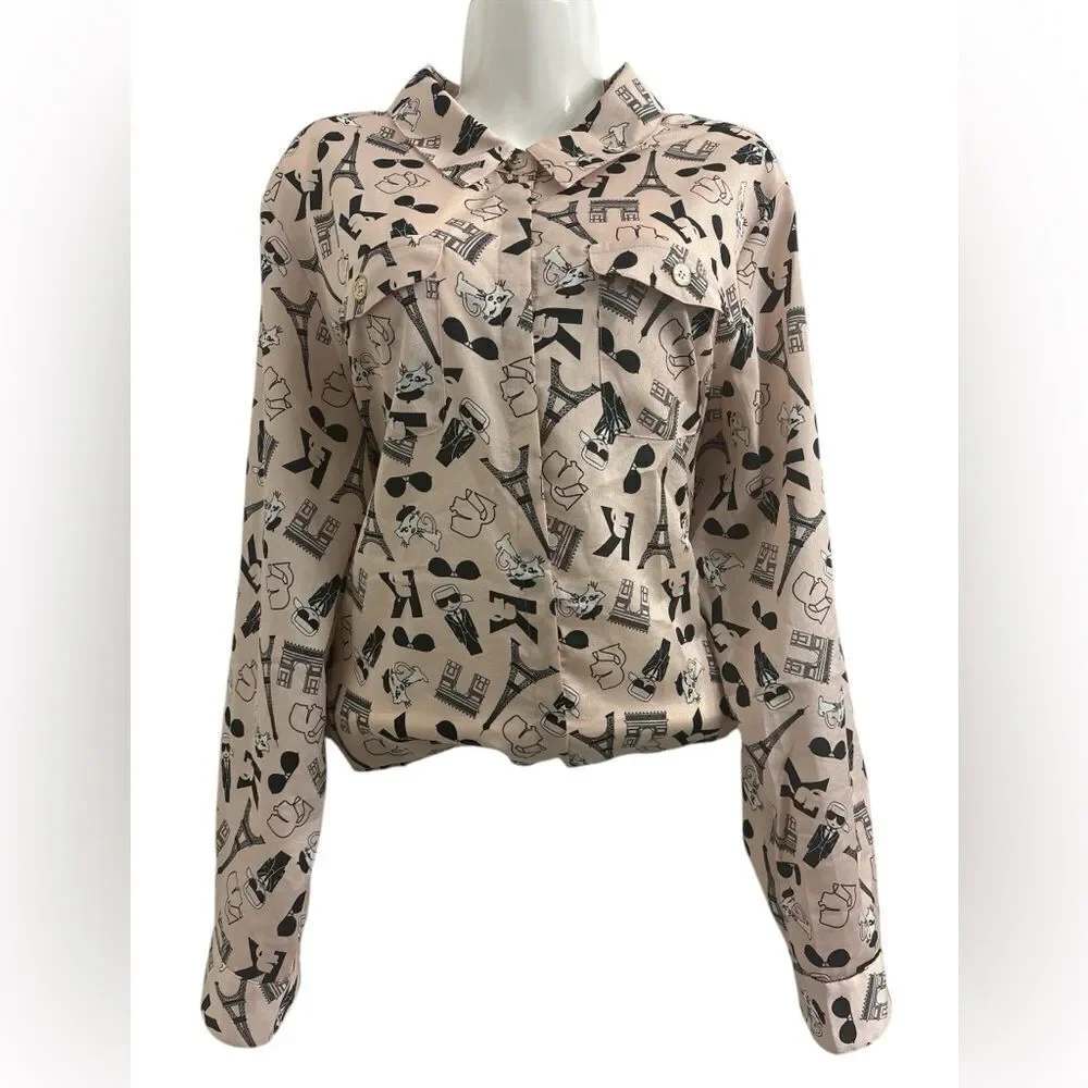 Karl Lagerfeld Paris Printed Button Front Blouse XL